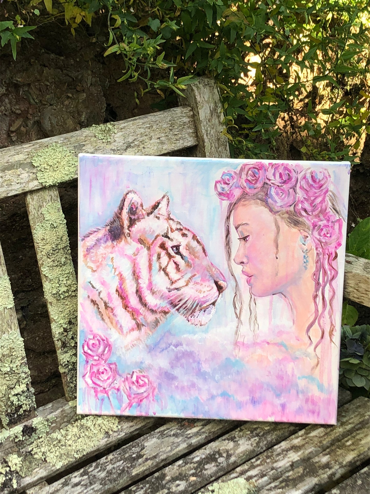 Facing Your Fears - original painting by artist Julie Hogarth-Jones - of a woman facing a pink fluffy tiger.
