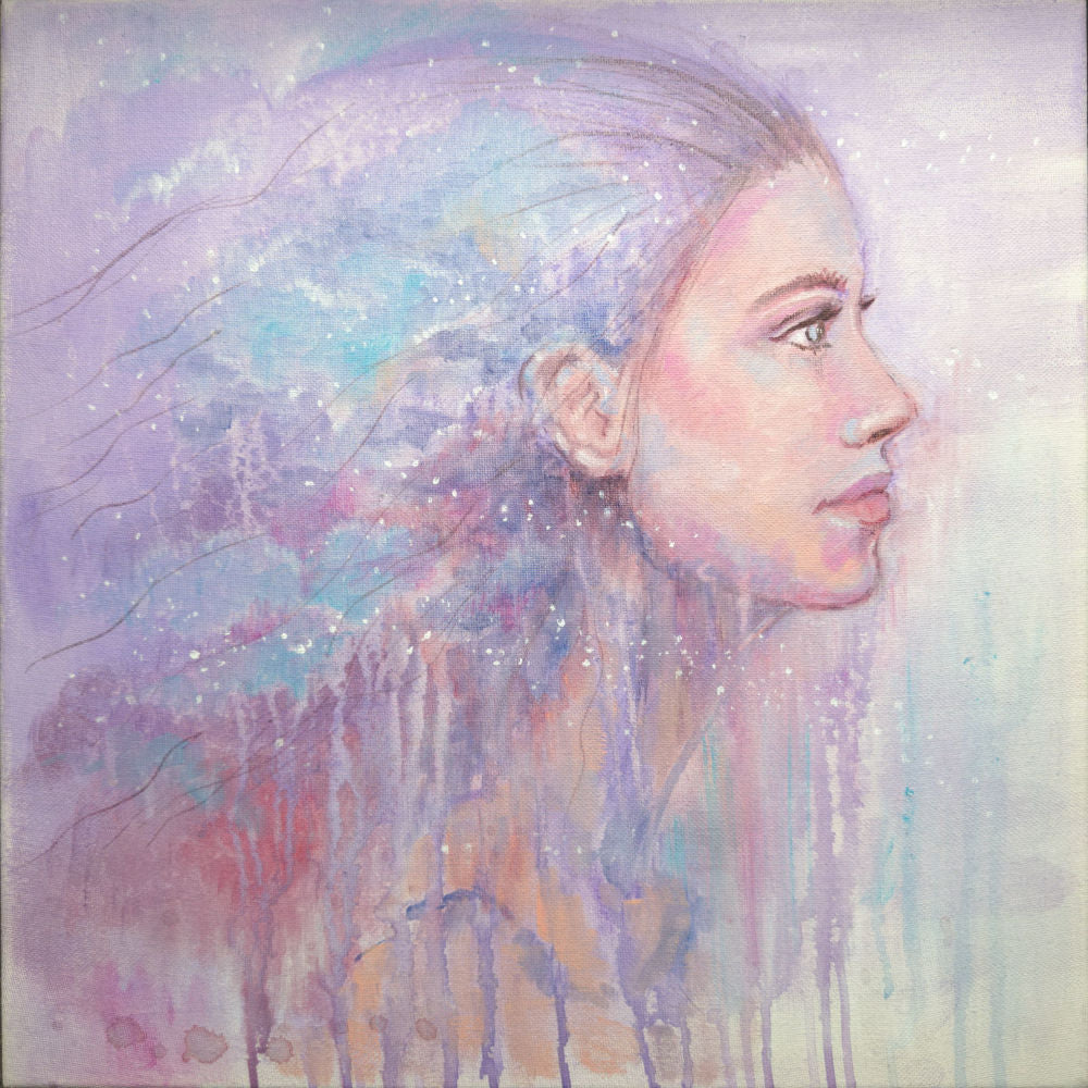 Into The Wild canvas print by Julie Hogarth-Jones - portrait of a woman with her hair blown back on an abstract background.