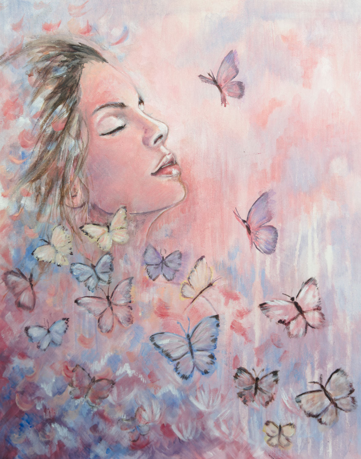 Metamorphosis original painting by Julie Hogarth-Jones - portrait of a woman surrounded by butterflies and an abstract background.