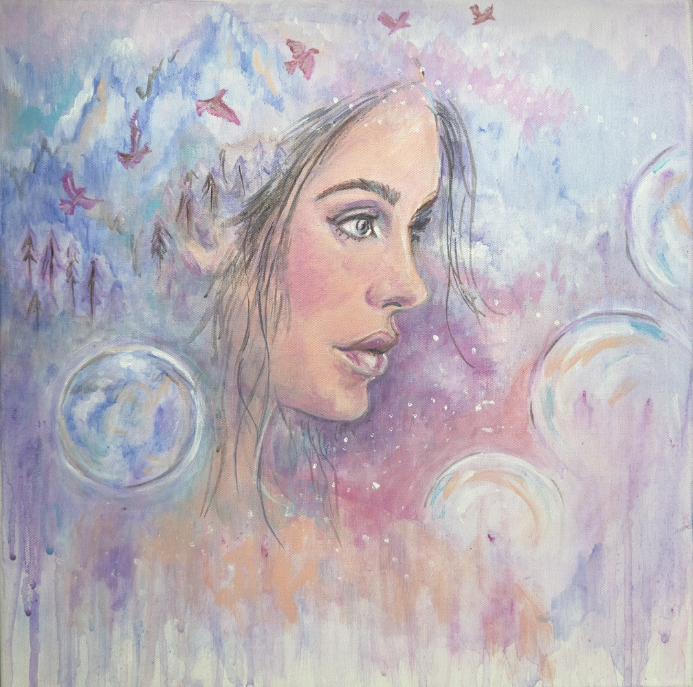 The Space Between canvas print by Julie Hogarth-Jones - a colourful painting of a woman's face with birds and bubbles