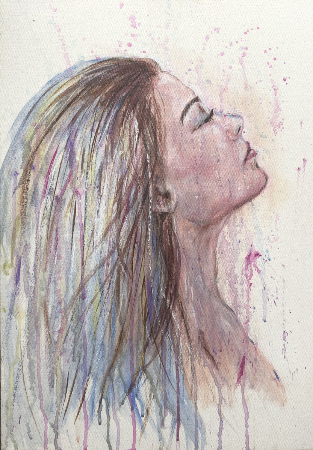 Wash Away my Fears original painting by Julie Hogarth-Jones - a woman with head thrown back surrounded by abstract drips of colour.