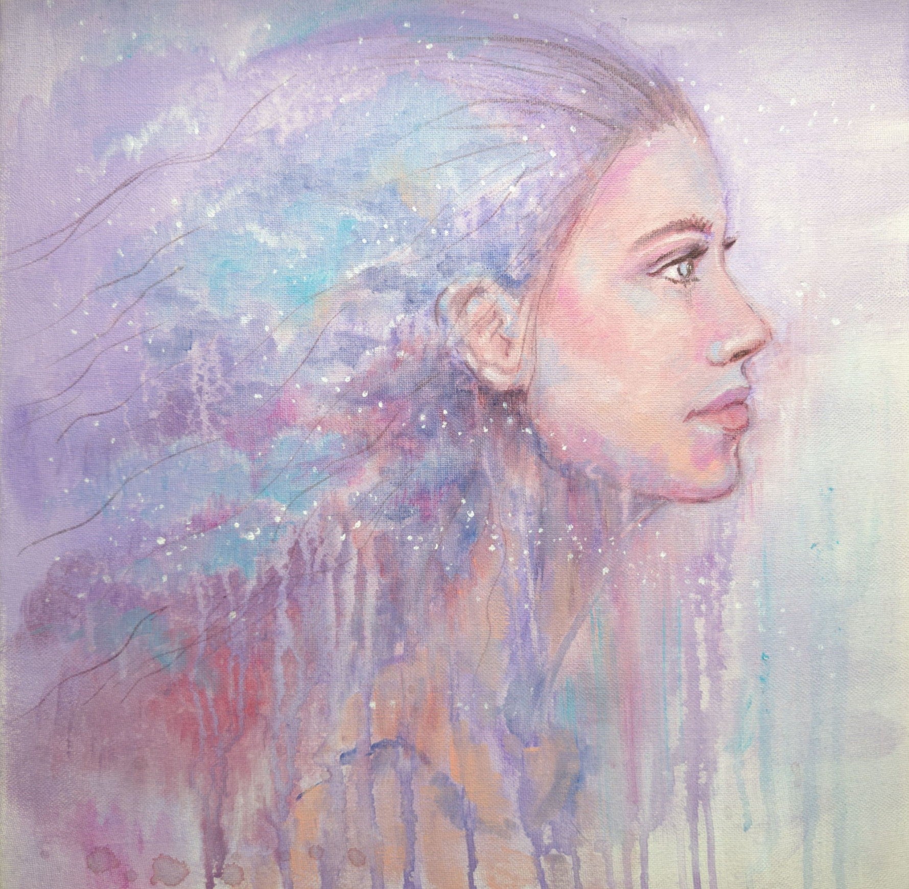 Original painting by Julie Hogarth-Jones - a woman in profile, hair swept back, set against an abstract background of drips and bold colour. 