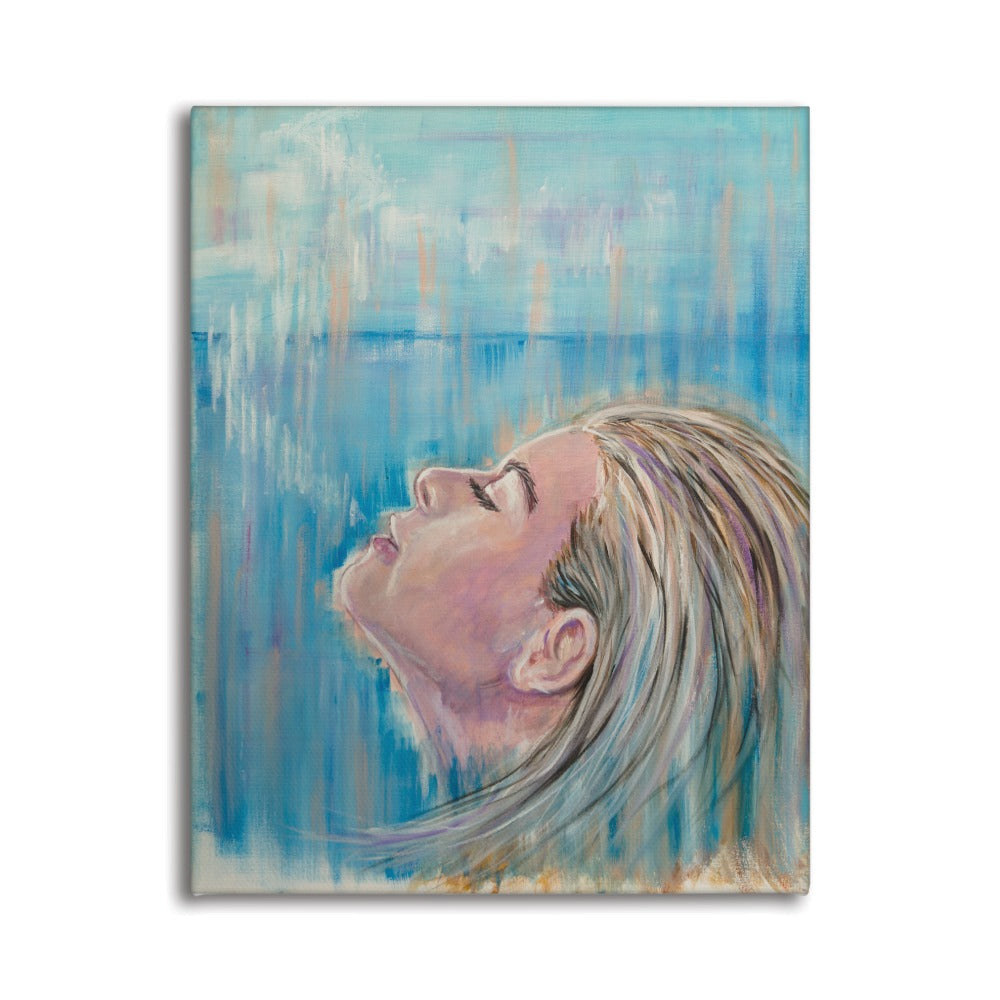 Siren Song canvas print by Julie Hogarth_Jones - portrait of a woman with long hair against a blue and purple abstract background