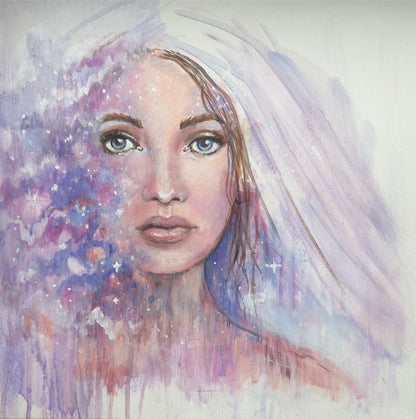 Between Worlds original painting by Julie Hogarth-Jones - portrait of a woman's face looking directly at the viewer, cosmic clouds on one side and a white veil on the other. 