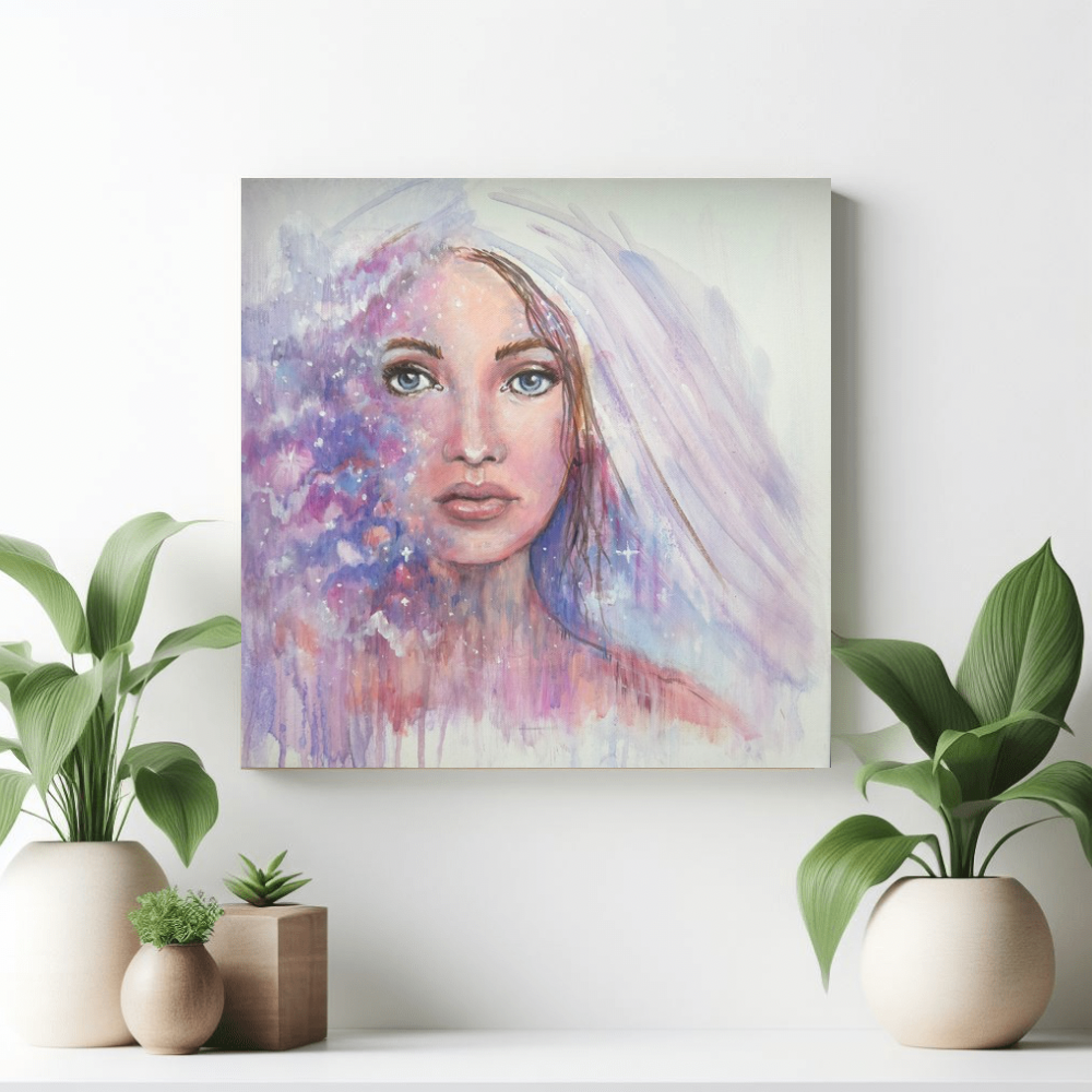 Between Worlds canvas print by Julie Hogarth-Jones displayed on a wall with plants.