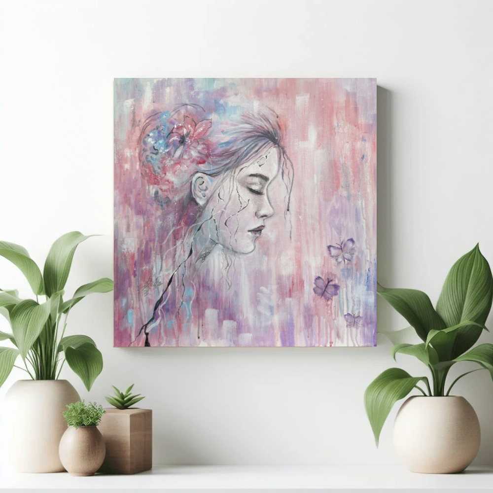 Broken But Beautiful canvas print by Julie Hogarth-Jones displayed on a wall with plants in a styled home setting.