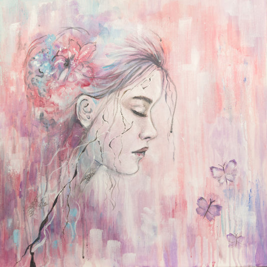 Broken But Beautiful - original painting by Julie Hogarth-Jones. portrait of a woman looking down with grey and black cracks through her skin and butterflies. 