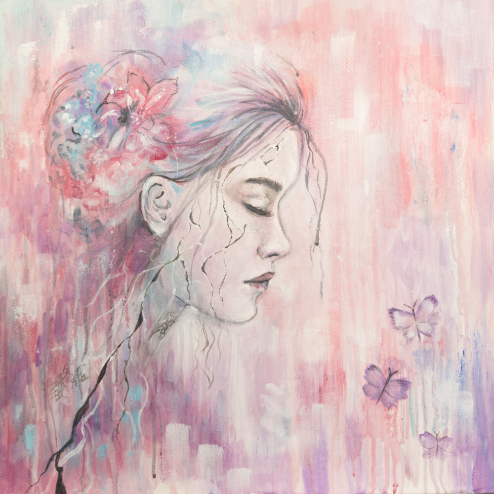 Broken But Beautiful canvas print by Julie Hogarth-Jones - a female figure in profile with eyes closed, looking down with black and grey cracks in her skin inspired by Kintsugi, against a pink and mauve abstract background with flowers in her hair and three butterflies. 