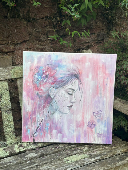 Broken But Beautiful - original painting by Julie Hogarth-Jones - portrait of a woman with cracks through her skin styled on a bench outside