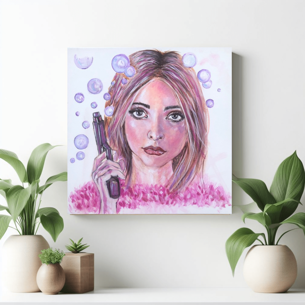 Bubbling canvas print by Julie Hogarth-Jones displayed on a wall in a styled home setting. 