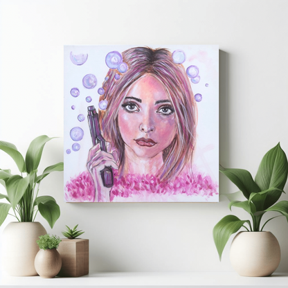 Bubbling canvas print by Julie Hogarth-Jones displayed on a wall in a styled home setting. 