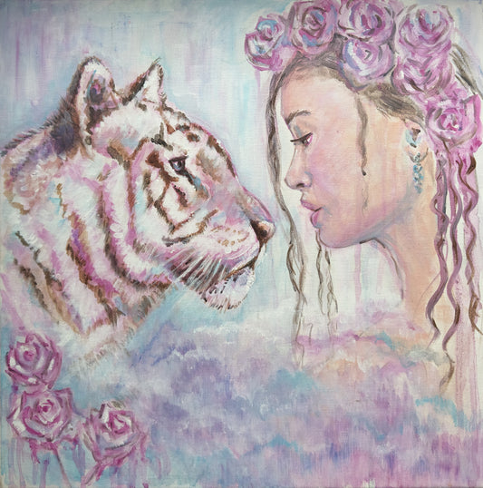 Facing Your Fears original painting by Julie Hogarth-Jones - portrait of a woman face to face with a pink fluffy tiger. 