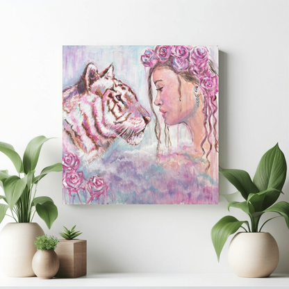 Facing Your Fears canvas print by Julie Hogarth-Jones  portrait of a woman face to face with a pink fluffy tiger in a styled setting with plants.

