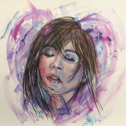 For A Minute There I Lost Myself canvas print by Julie Hogarth-Jones a portrait of a woman with eyes closed surrounded by an abstract heart