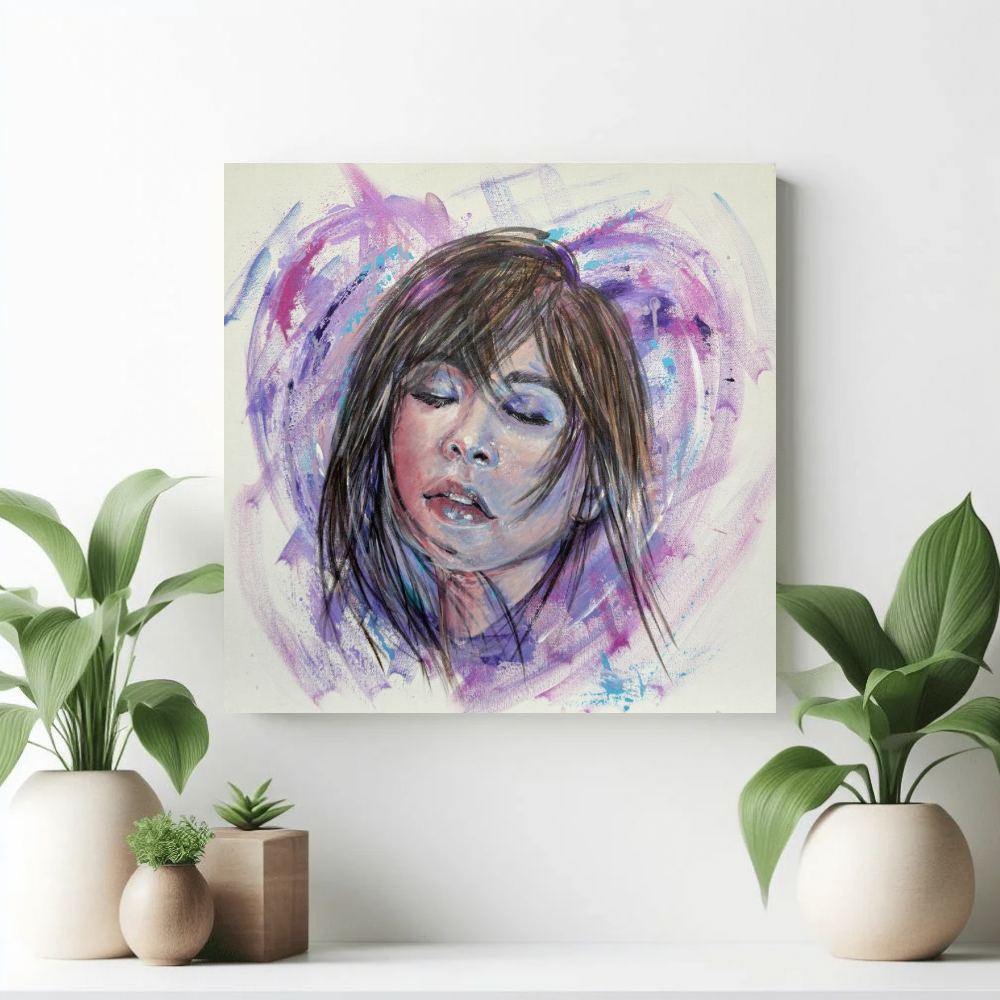 For A Minute There I Lost Myself canvas print by Julie Hogarth-Jones of a woman with eyes closed surrounded by an abstract heart displayed in a home setting with plants.