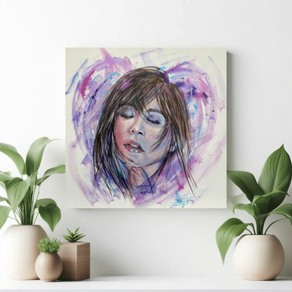 For A Minute There I Lost Myself canvas print by Julie Hogarth-Jones of a woman with eyes closed surrounded by an abstract heart displayed in a home setting with plants.