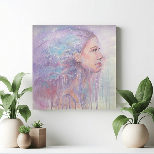 Into The Wild canvas print by Julie Hogarth-Jones - portrait of a woman with her hair blown back in a styled setting with plants. 