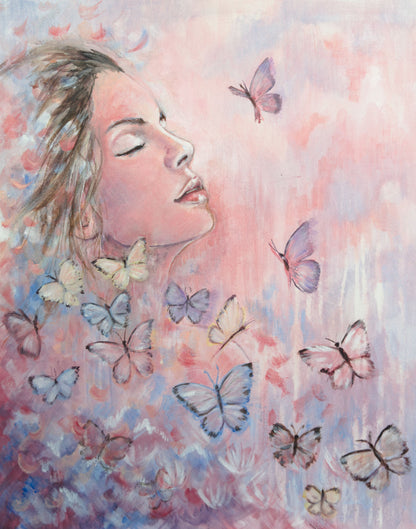 Metamorphosis original painting by Julie Hogarth-Jones - portrait of a woman surrounded by butterflies and an abstract background. 