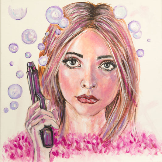 Bubbling original painting by Julie Hogarth-Jones - a woman holding a gun emitting purple bubbles, exploring themes of suppressed anger. 