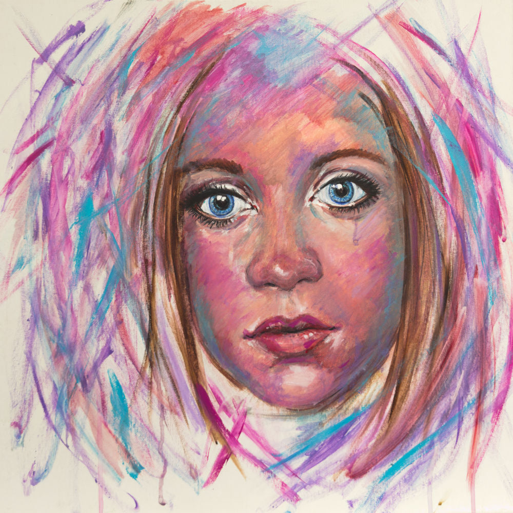 The Empath an original painting by Julie Hogarth-Jones - portrait of a woman with a single tear running down her face and slashes of colour surrounding her. 
