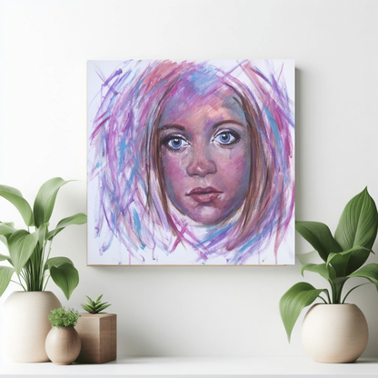 The Empath canvas print by Julie Hogarth-Jones - a woman's face with single tear, with slashes of colour, displayed on a wall in a styled home setting. 