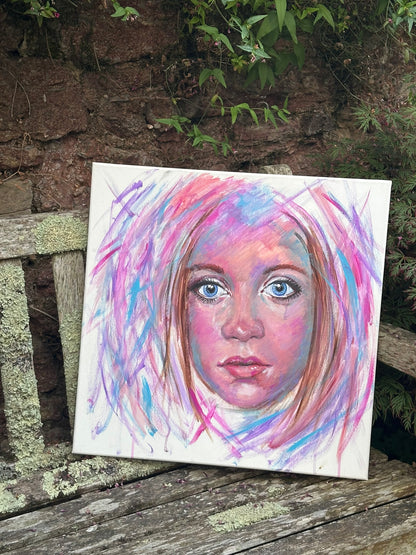 The Empath original painting by Julie Hogarth-Jones. Portrait of a female surrounded by slashes of bright colour. Styled on a bench outside. 