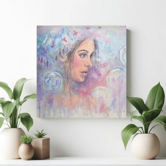 The Space Between canvas print by Julie Hogarth-Jones of a woman's face with colourful abstract design, surrounded by plants on a white wall.