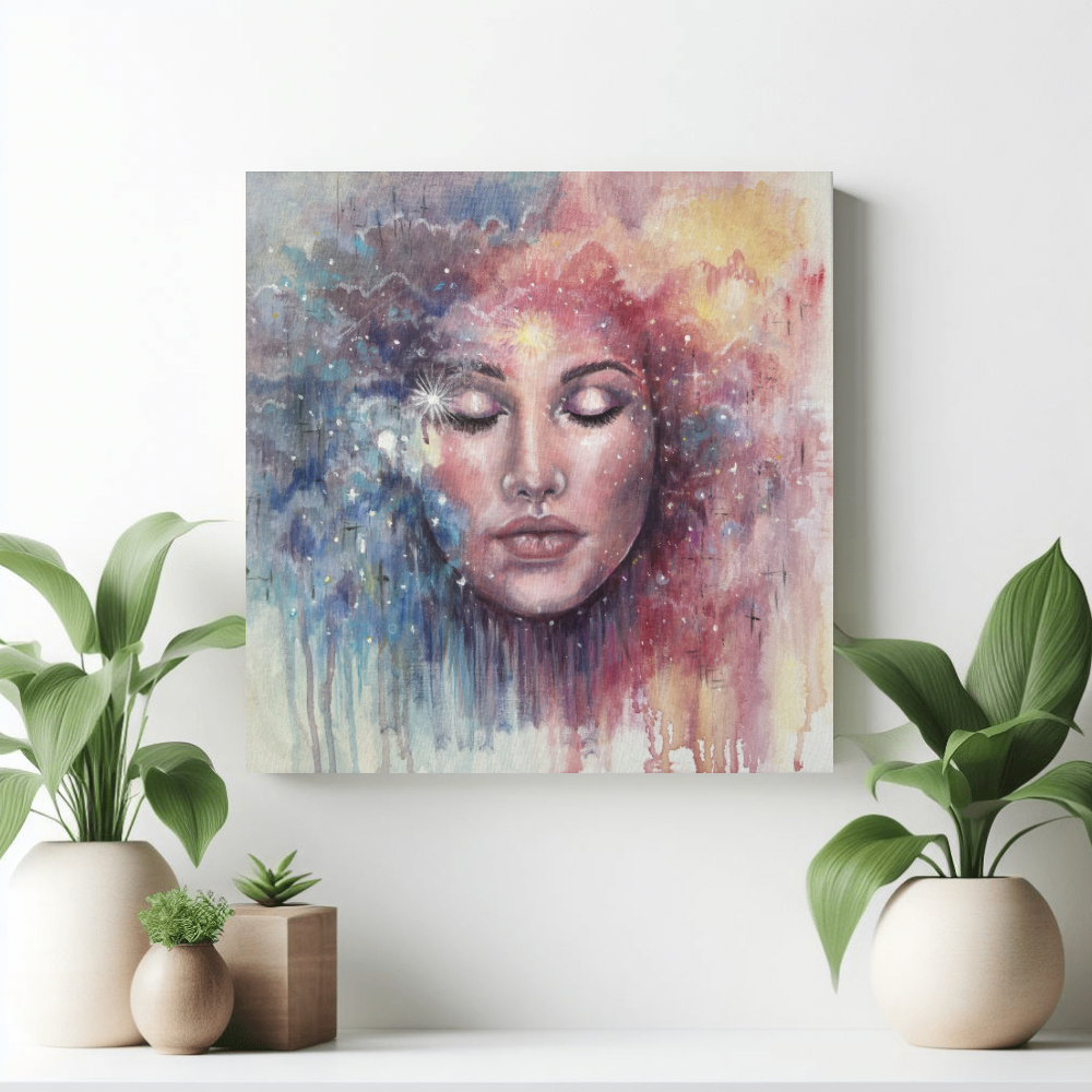 We Are All Made of Stars art print by Julie Hogarth-Jones on a white wall styled with plants. 