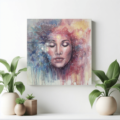 We Are All Made of Stars art print by Julie Hogarth-Jones on a white wall styled with plants. 