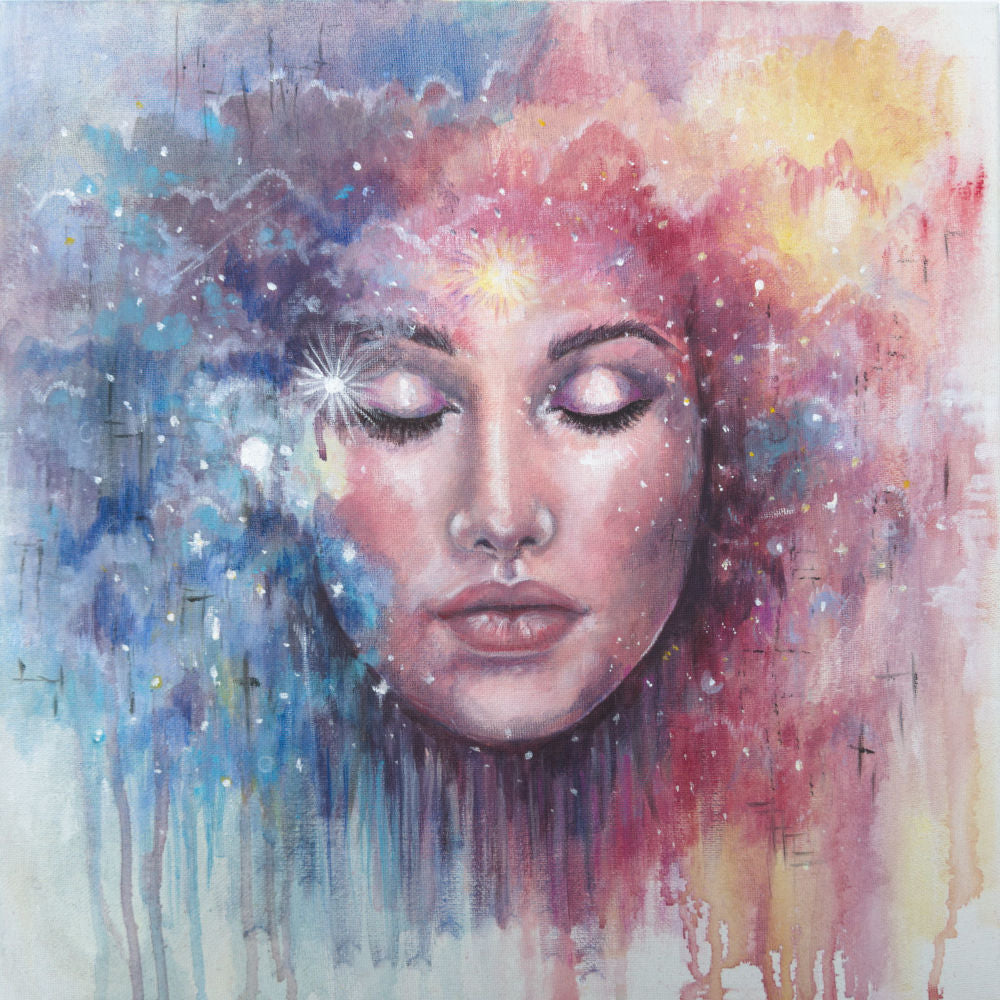 We Are All Made of Stars canvas print by Julie Hogarth-Jones - a woman with eyes closed surrounded by cosmic clouds of colour. 